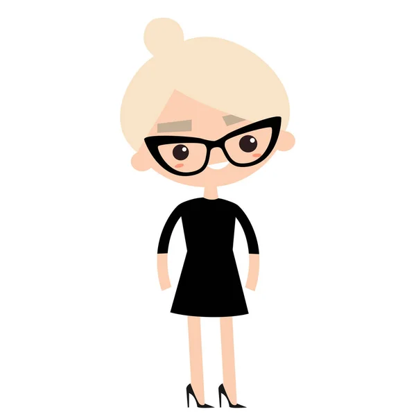 Gepflegte Geschäftsfrau mit eleganter Brille, schwarzem Kleid und High Heels — Stockvektor