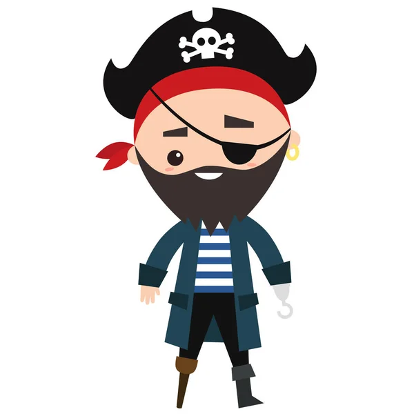 Funny pirate with eye patch, hook instead of hand and wooden prosthesis wearing captain hat with a scull — Stock Vector