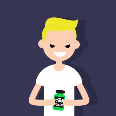 Genç kızgın karakter bir şişe zehir işareti olan holding / daire