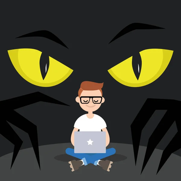 Veri kavramsal illüstrasyon çalmak. Karakterin arkasından casusluk büyük sarı gözler