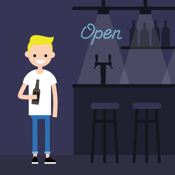 Joven personaje masculino bebiendo cerveza en un bar — Vector de stock