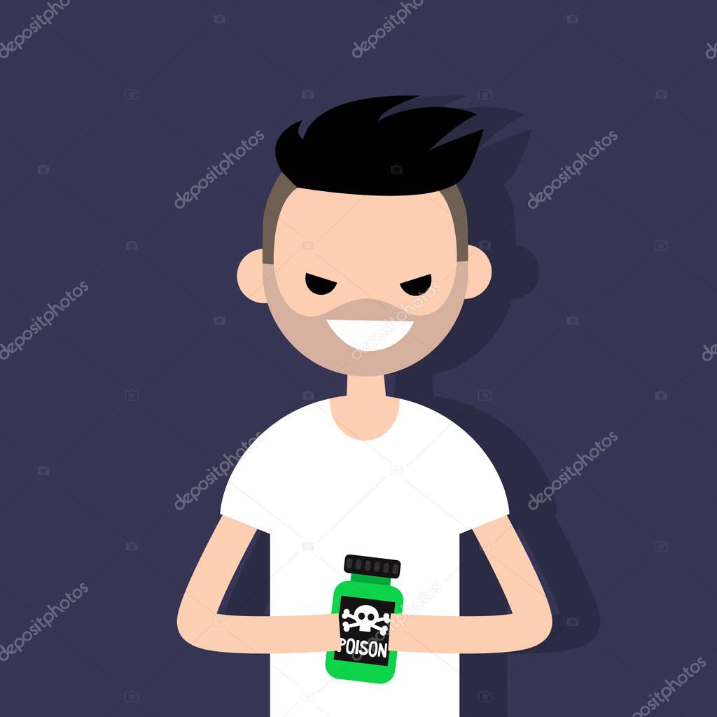 Young angry character holding a bottle with a poison sign / flat