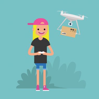 Uçak teslimat hizmeti. Genç kadın karakter bir dron bir uzaktan kumanda ile kontrol