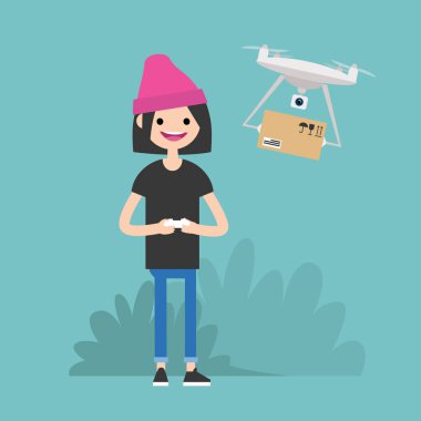 Uçak teslimat hizmeti. Genç kadın karakter bir dron bir uzaktan kumanda ile kontrol