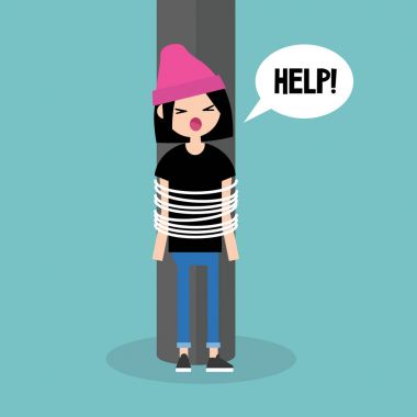 Genç erkek karakter kadar yardım için arama / düz düzenlenebilir bağlı 