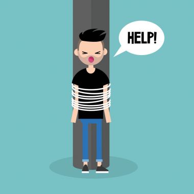 Genç bağlı karakter kadar yardım için arama / düz düzenlenebilir vektör 