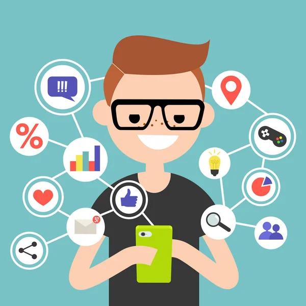 Millennial consumiendo contenido en línea en dispositivos móviles — Vector de stock