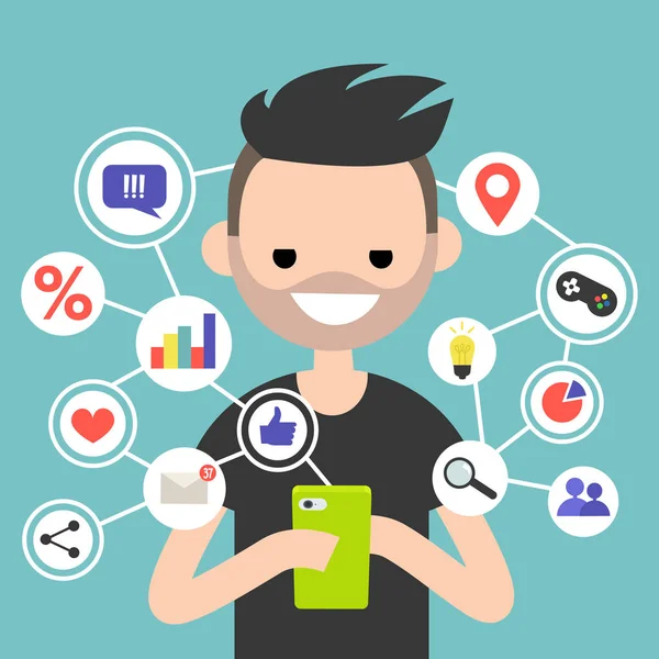 Millennial consumă conținut online pe dispozitivul mobil — Vector de stoc