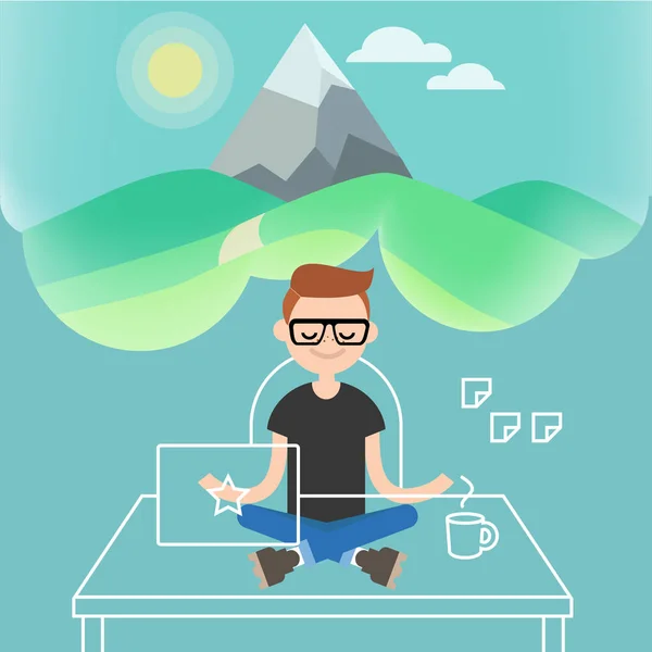 Dealing with stress. Young character meditating in lotus pose wi — Stock Vector