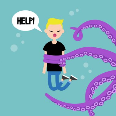 Genç ahtapot tarafından saldırıya karakter çığlık / düz düzenlenebilir ve