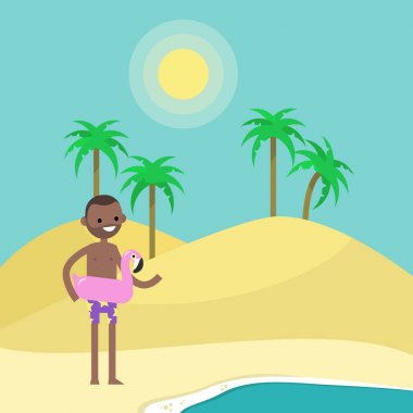 Seyahat kavramı. Genç kum üzerinde karakter duran siyah 