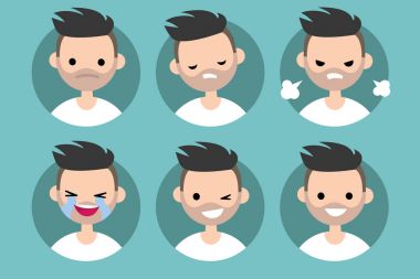 Sakallı adam profil pics / Set düz vektör portreleri. üzgün, 