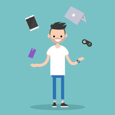 Genç sakallı adam elektronik cihazlar hokkabazlık / düzenlenebilir düz ve