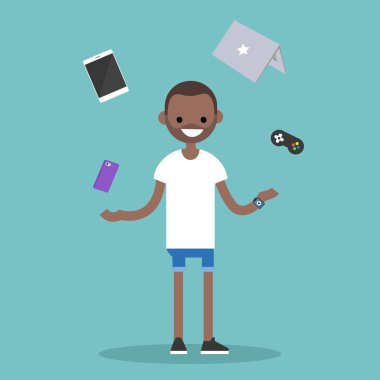 Genç siyah adam elektronik cihazlar hokkabazlık / düzenlenebilir düz vect