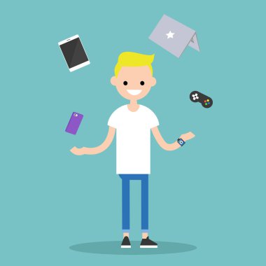 Elektronik cihazlar hokkabazlık genç sarışın çocuk / düzenlenebilir düz vect