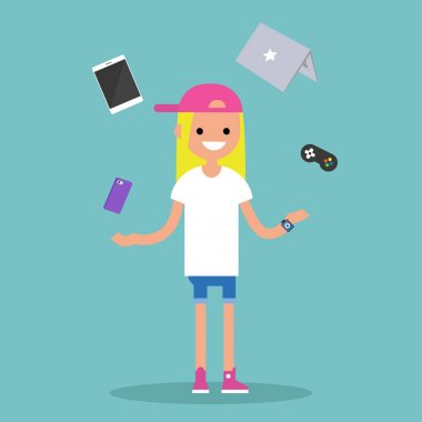 Genç sarışın kız elektronik cihazlar hokkabazlık / düzenlenebilir düz vec