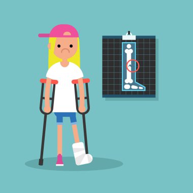 Koltuk değneği ile kırık bacak / düzenlenebilir Engelli sarışın kız vecto