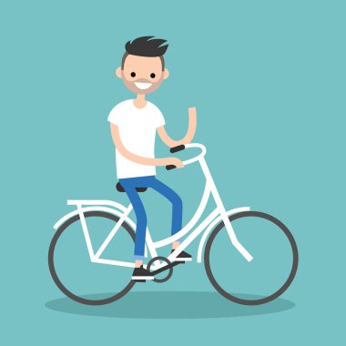 Genç sakallı adam Bisiklete binmek ve elini sallayarak / düzenlenebilir f