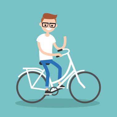 Bisiklete binmek ve elini sallayarak genç nerd / düzenlenebilir düz vec