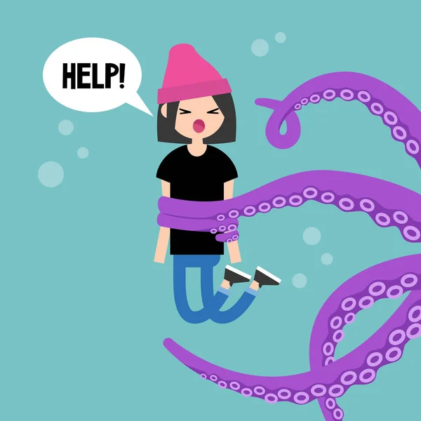 Young screaming female character attacked by octopus / flat edit — Stock Vector