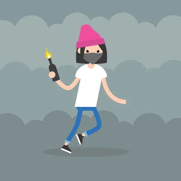Θυμωμένος κοπέλα φορώντας μια μάσκα προσώπου, κρατώντας ένα μπουκάλι με μολότοφ ΕΠΣ — Διανυσματικό Αρχείο