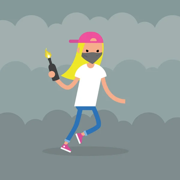 Molotof coc ile bir şişe tutan bir yüz maskesi giyen kızgın kız — Stok Vektör