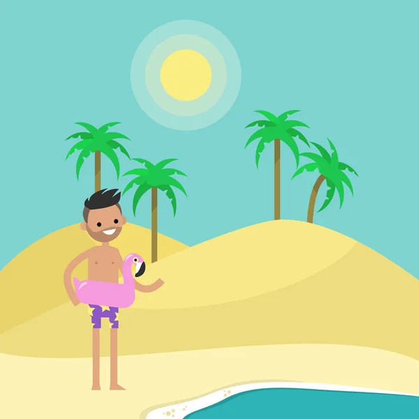 Concept de voyage. Jeune personnage masculin debout sur le sable près de b — Image vectorielle