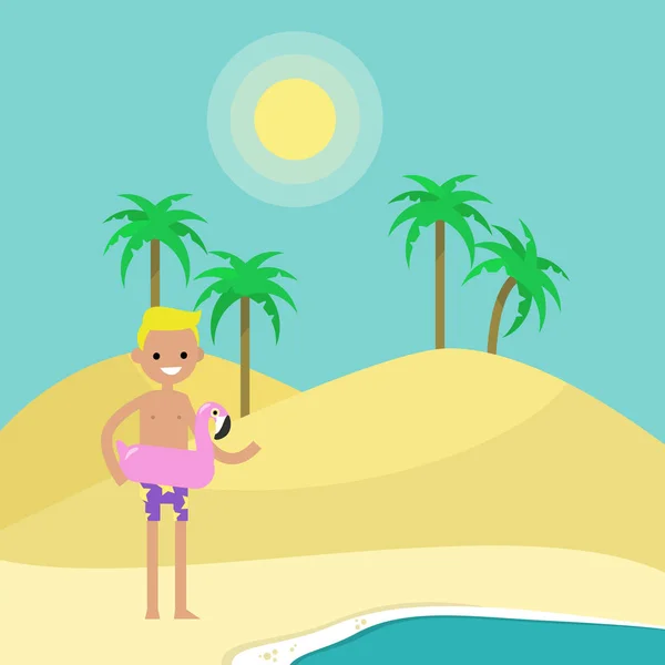 Concept de voyage. Jeune personnage masculin debout sur le sable près de b — Image vectorielle