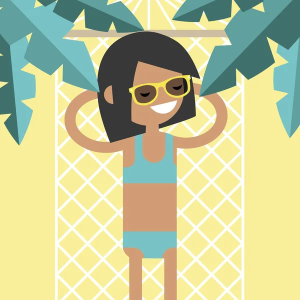 Joven personaje femenino acostado en una hamaca bajo las palmeras . — Vector de stock
