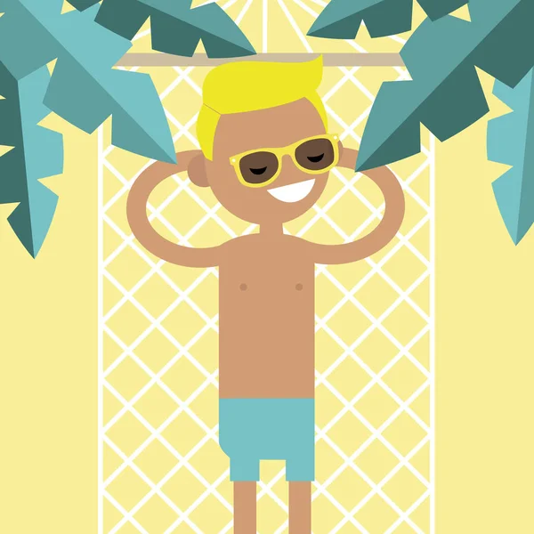 Genç erkek karakter palmiye ağaçları altında bir hamak yalan. Hedef — Stok Vektör