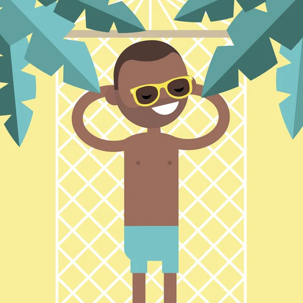 Joven personaje negro acostado en una hamaca bajo las palmeras. T — Vector de stock