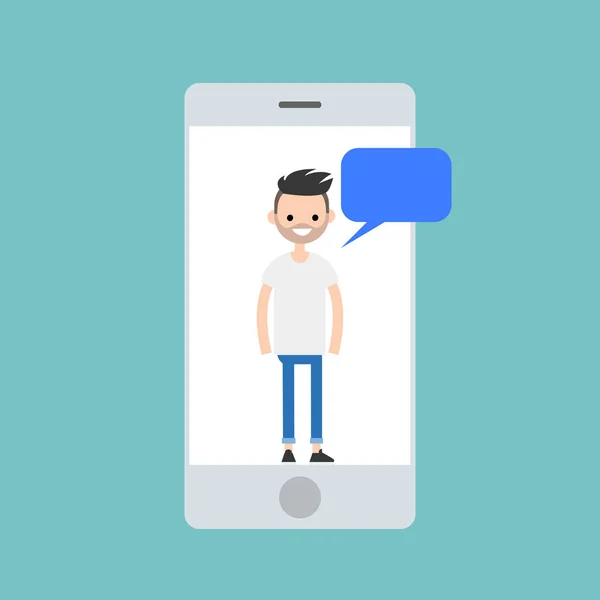 Mobiles Konzept. junger Mann im Chat auf dem Bildschirm des Smartphones / — Stockvektor