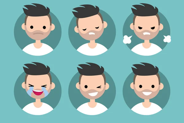 Bearded man profile pics / Set of flat vector portraits. upset, — Stock Vector