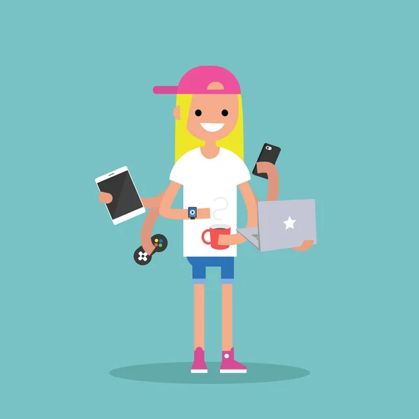 Multitasking millennial concept. young blond girl using a lot of — Stock Vector