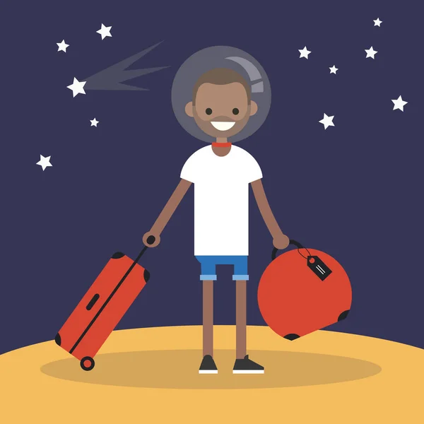 Mars Colonization: Young black character moving to mars with his — Stock Vector