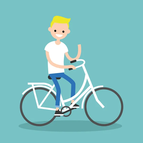 Νεαρό ξανθό αγόρι οδήγηση ενός ποδηλάτου και κουνώντας το χέρι / επεξεργάσιμο fla — Διανυσματικό Αρχείο