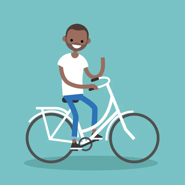 Young black man riding a bike and waving his hand / editable fla — Stock Vector