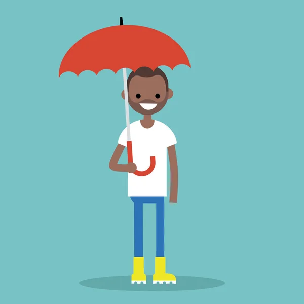 Young black character with umbrella wearing yellow rubber boots — Stock Vector