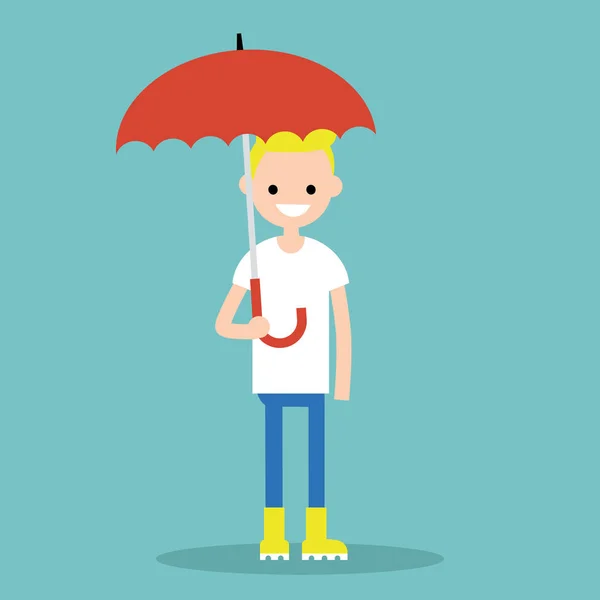 Young smiling character with umbrella wearing yellow rubber boot — Stock Vector