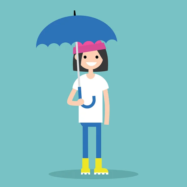 Menina sorridente nova com guarda-chuva vestindo botas de borracha amarela / f —  Vetores de Stock