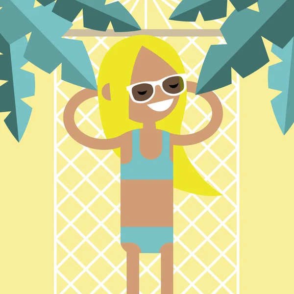 Young female character lying in a hammock under the palm trees. — Stock Vector