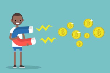 Genç karakter incelemesi bitcoins büyük bir mıknatıs ile siyah