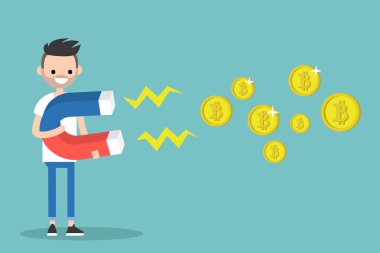Genç incelemesi bitcoins büyük bir mıknatıs ile karakter