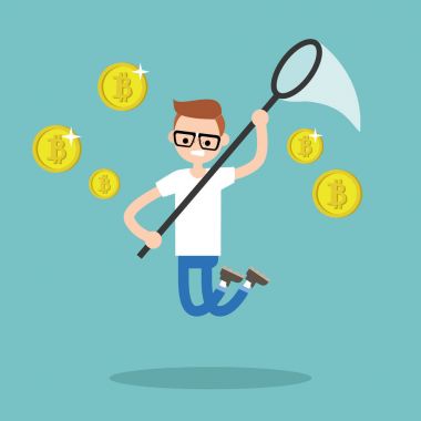 Genç erkek karakter incelemesi bitcoins. Kavramsal çizimi