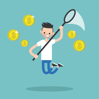 Genç erkek karakter incelemesi bitcoins. Kavramsal çizimi