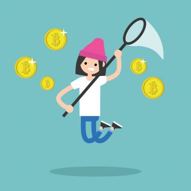 Genç kadın karakter incelemesi bitcoins. Kavramsal çizimi