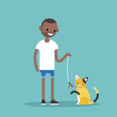 Genç siyah karakter bir kedi ile oynarken / düz düzenlenebilir vektör 