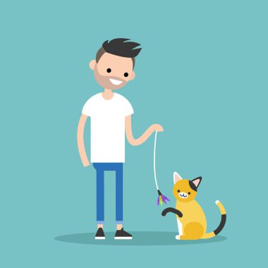Genç karakter bir kedi ile oynarken / düz düzenlenebilir vektör