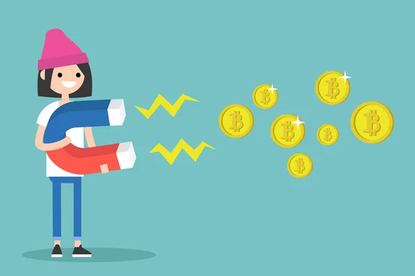 Jeune femme caractère minier Bitcoins avec un énorme aimant — Image vectorielle