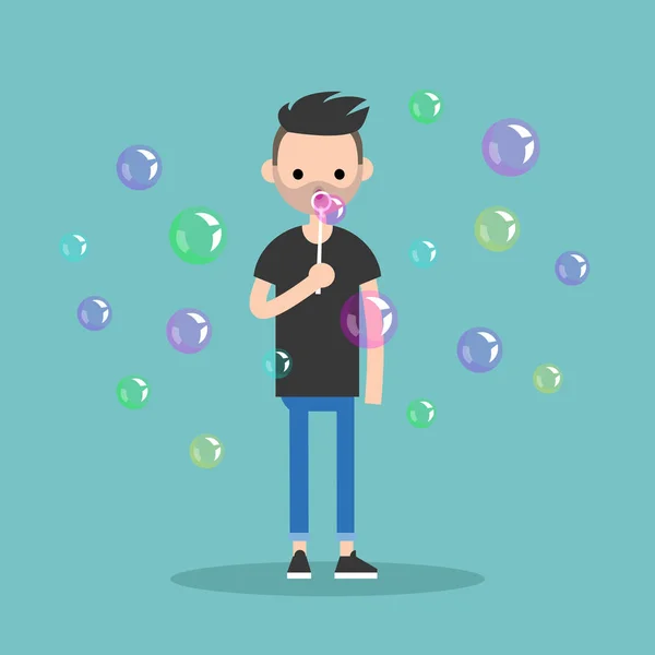 Joven personaje que sopla burbujas de jabón / vector plano editable — Vector de stock